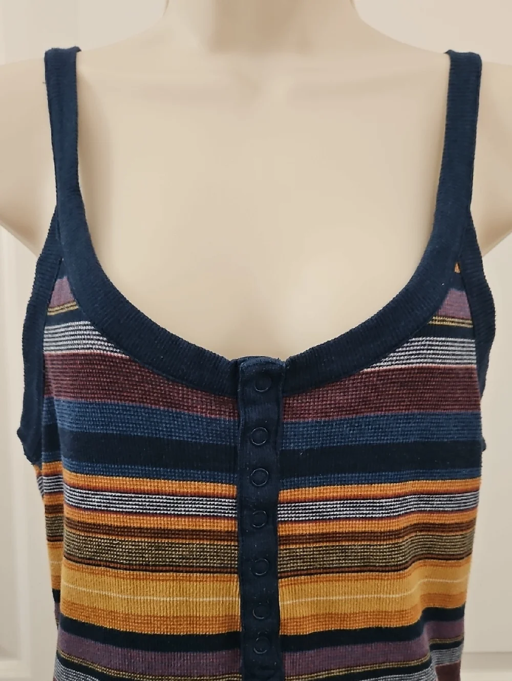 Women’s Striped Button-Front Tank Top in Navy, Mustard & Burgundy - Picture 2 of 12